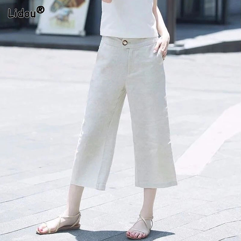 Womens Calf-length Pants Button Pockets Zipper