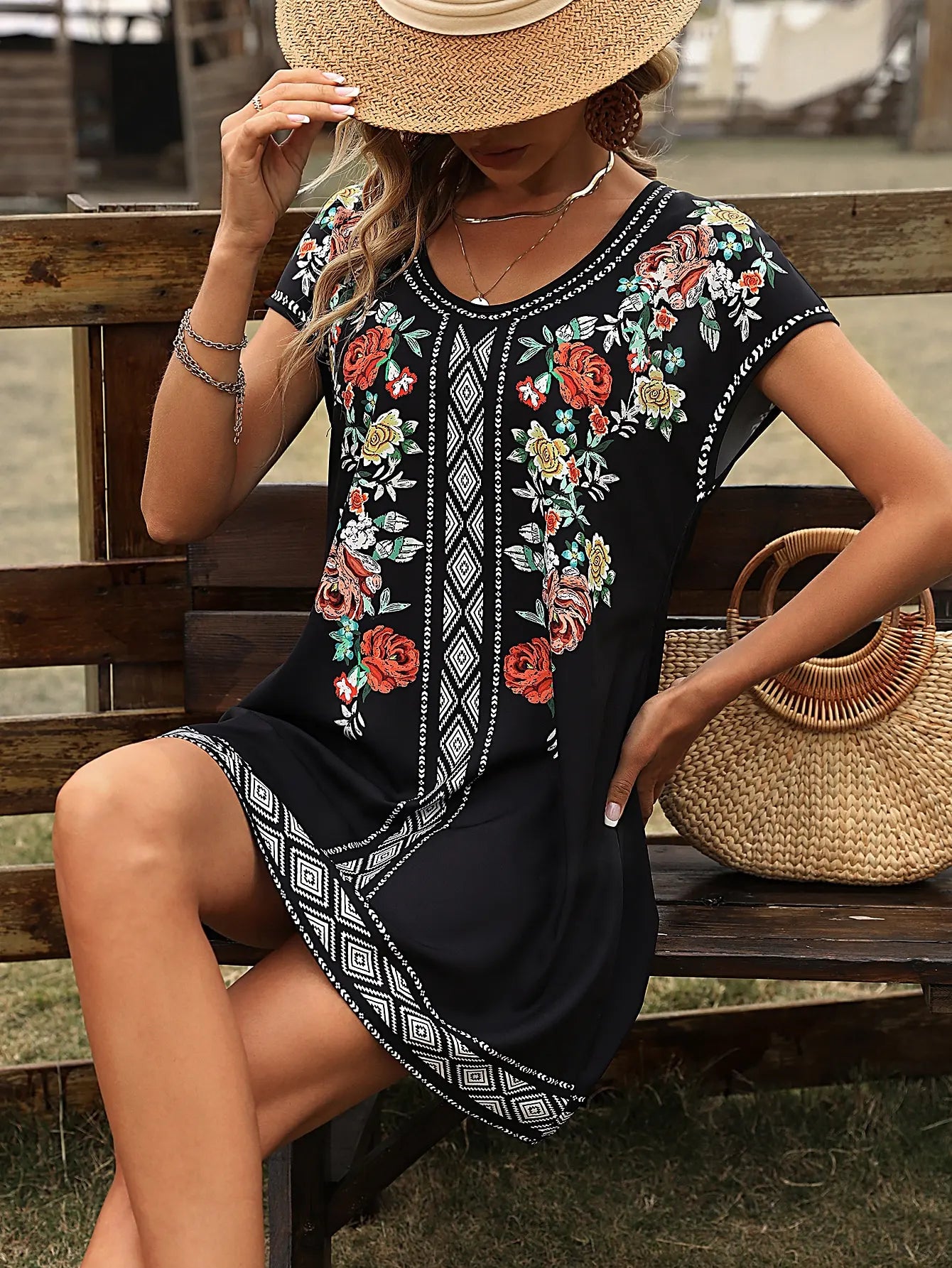 Black Boho Floral Print Dress