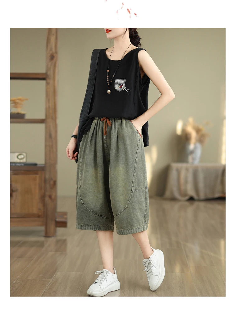 Retro Distressed Denim Belted Slimming Casual Wide Leg Pant