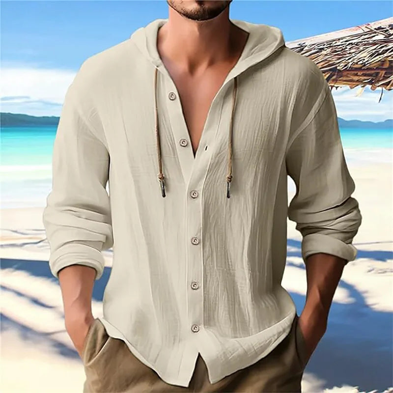 Men's solid color casual shirt, hooded drawstring