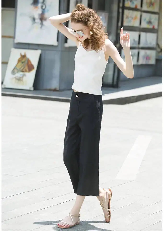 Womens Calf-length Pants Button Pockets Zipper