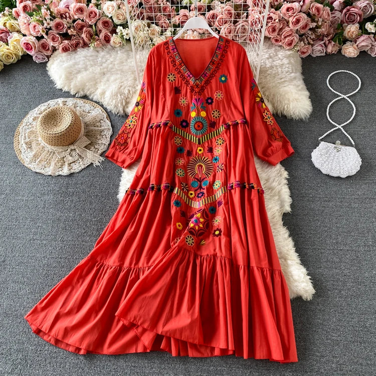 Vintage Women Floral Embroidery Beach Dress