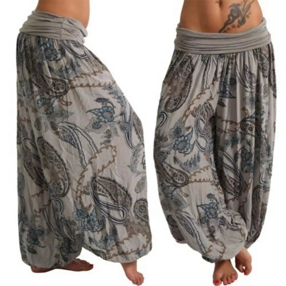 Women Boho Loose Pants Paisley Print High Waist Ankle Tied Harem Pants