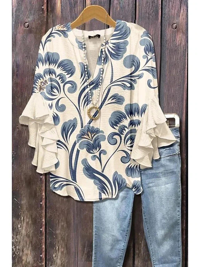 Women's Boho Floral Blouse Ruffle Sleeve