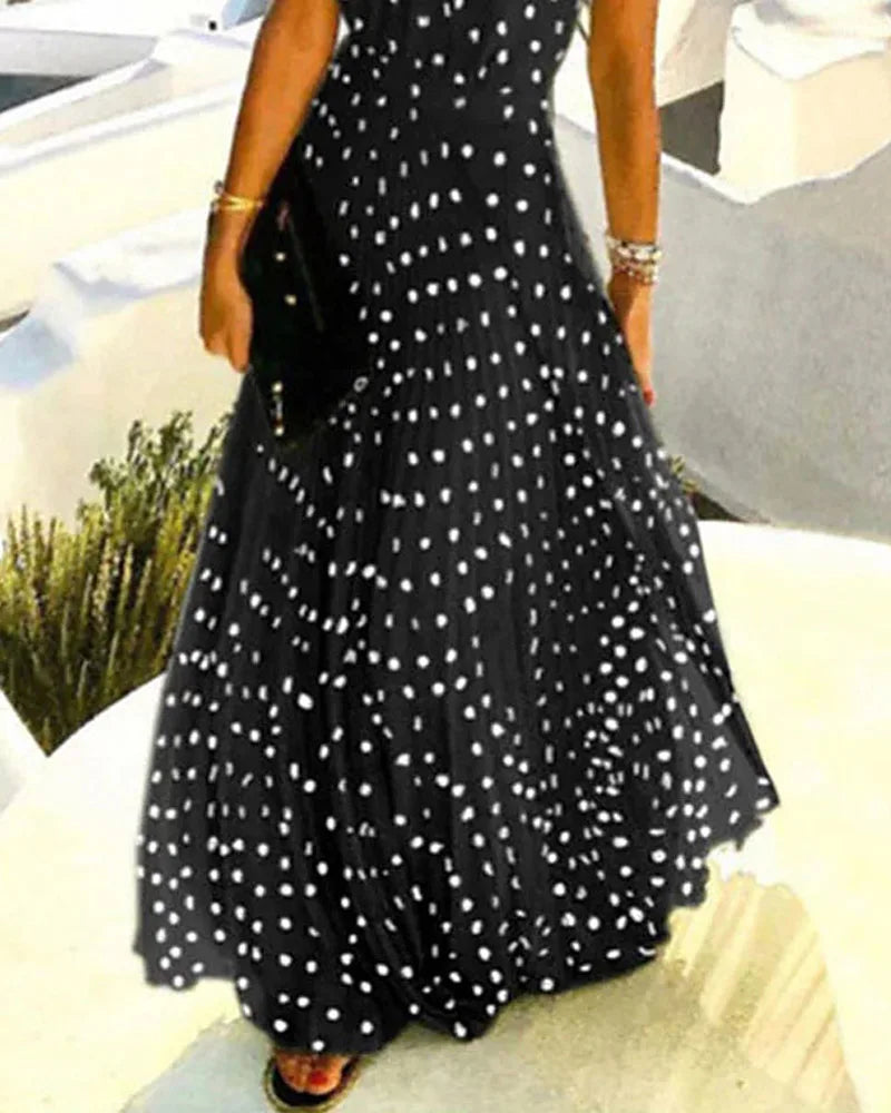 Women Boho Polka Dot Print Chiffon Pleated Maxi Dress