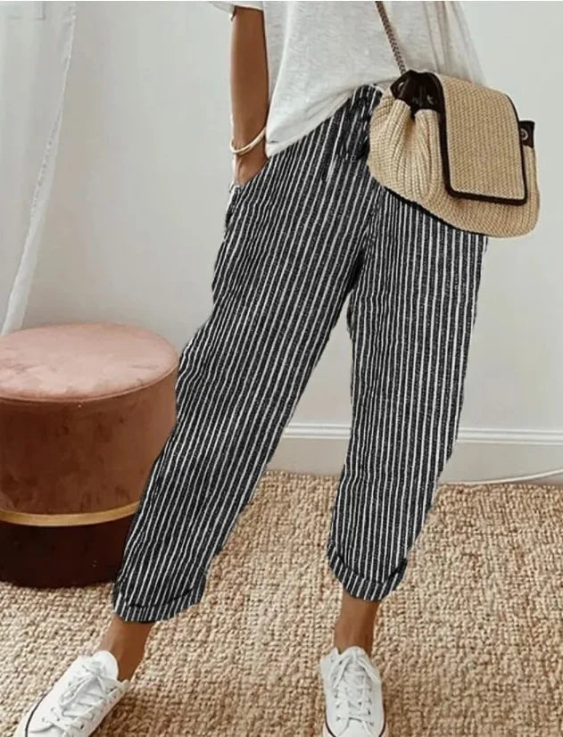 Women's Casual Striped Cotton Linen Pants Elastic Waist