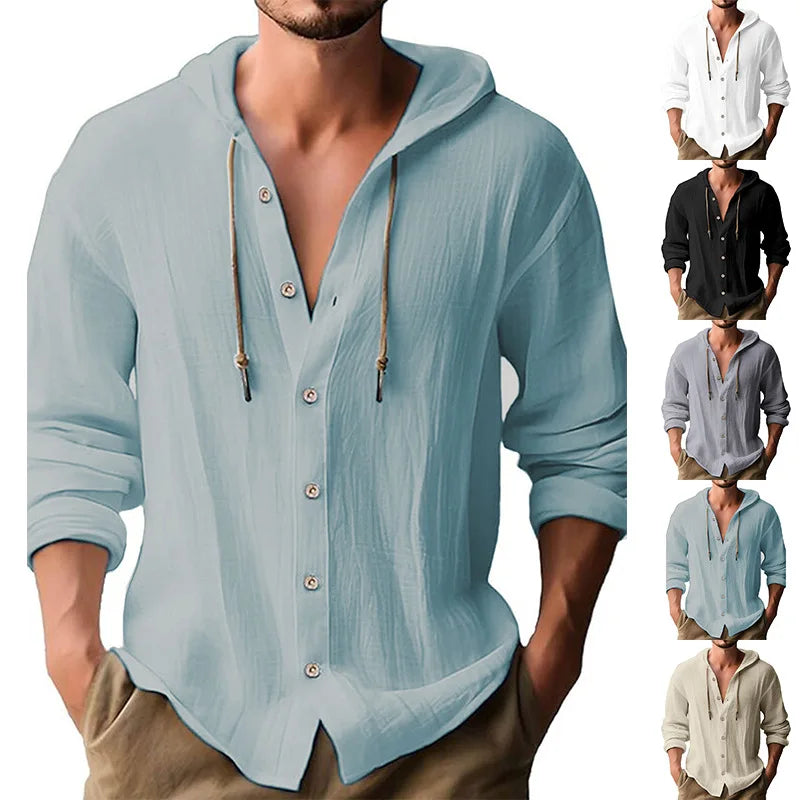 Men's solid color casual shirt, hooded drawstring