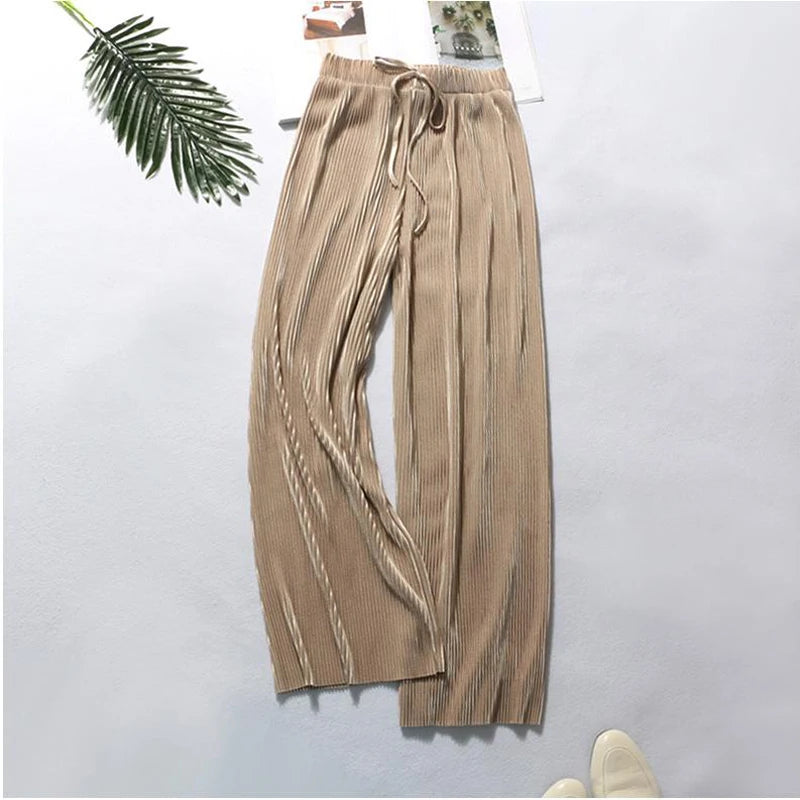 Women Fashion Summer Wide Leg Pants Pleated Ice Silk
