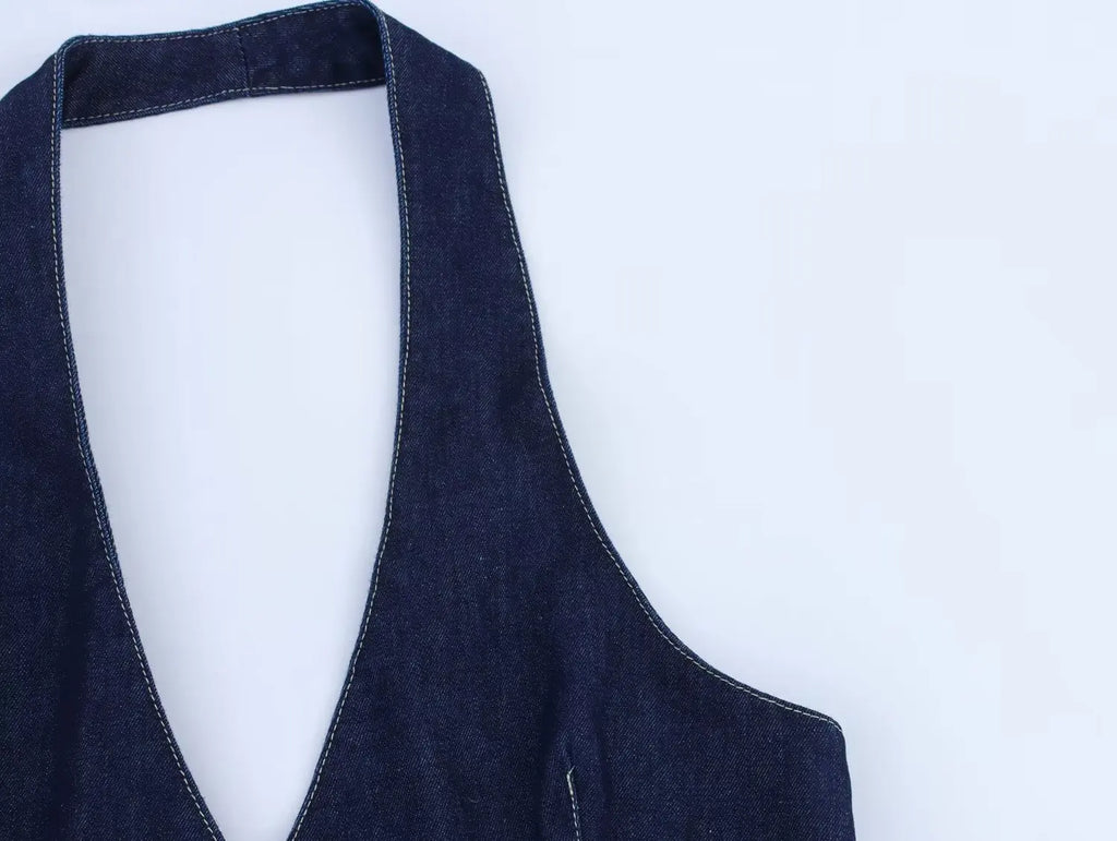 New Fashion Women Sexy Backless Denim Halter Mini Dress