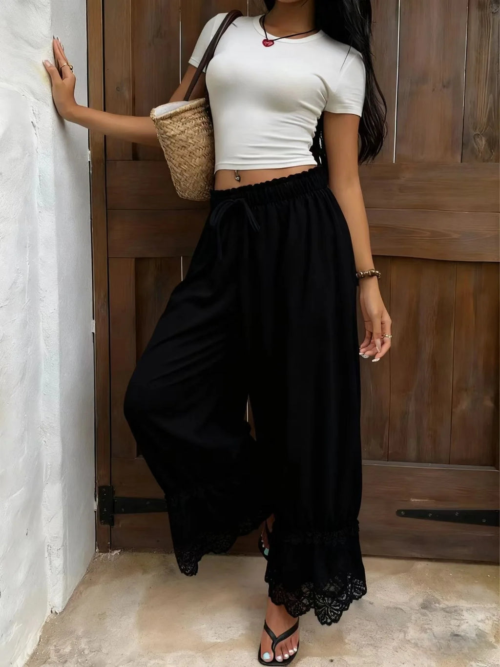 Boho Style Women's Loose Wide Leg Pants Fashion Lace