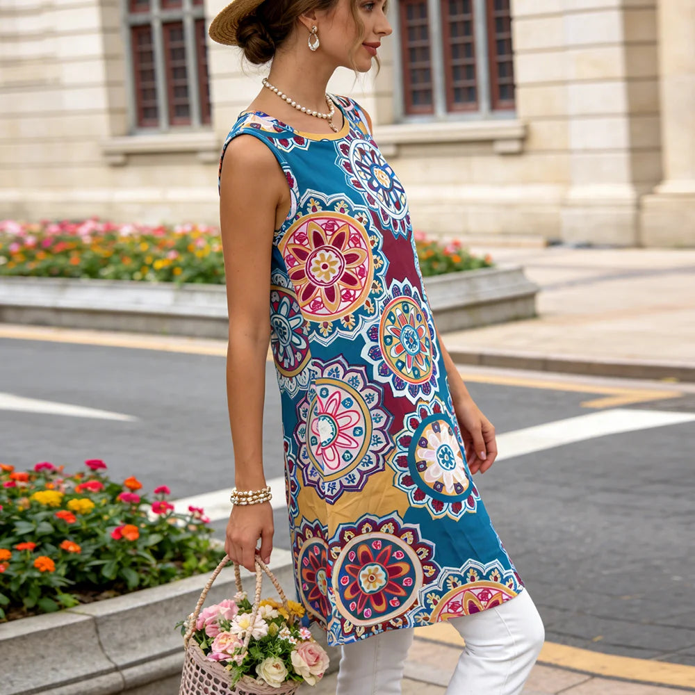 Women's Summer Boho Dress, Vintage Colorful Print