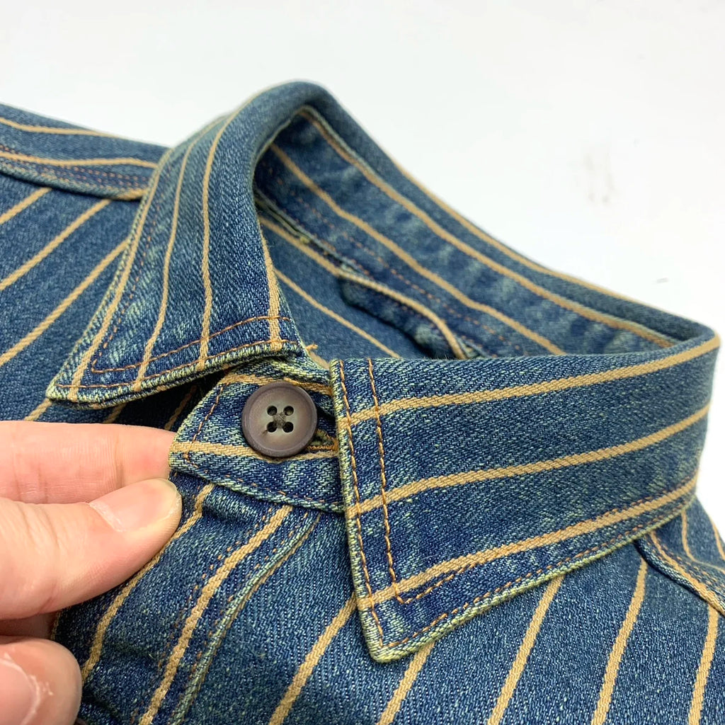 Autumn New American Retro Heavyweight Striped Denim Shirt Jacket