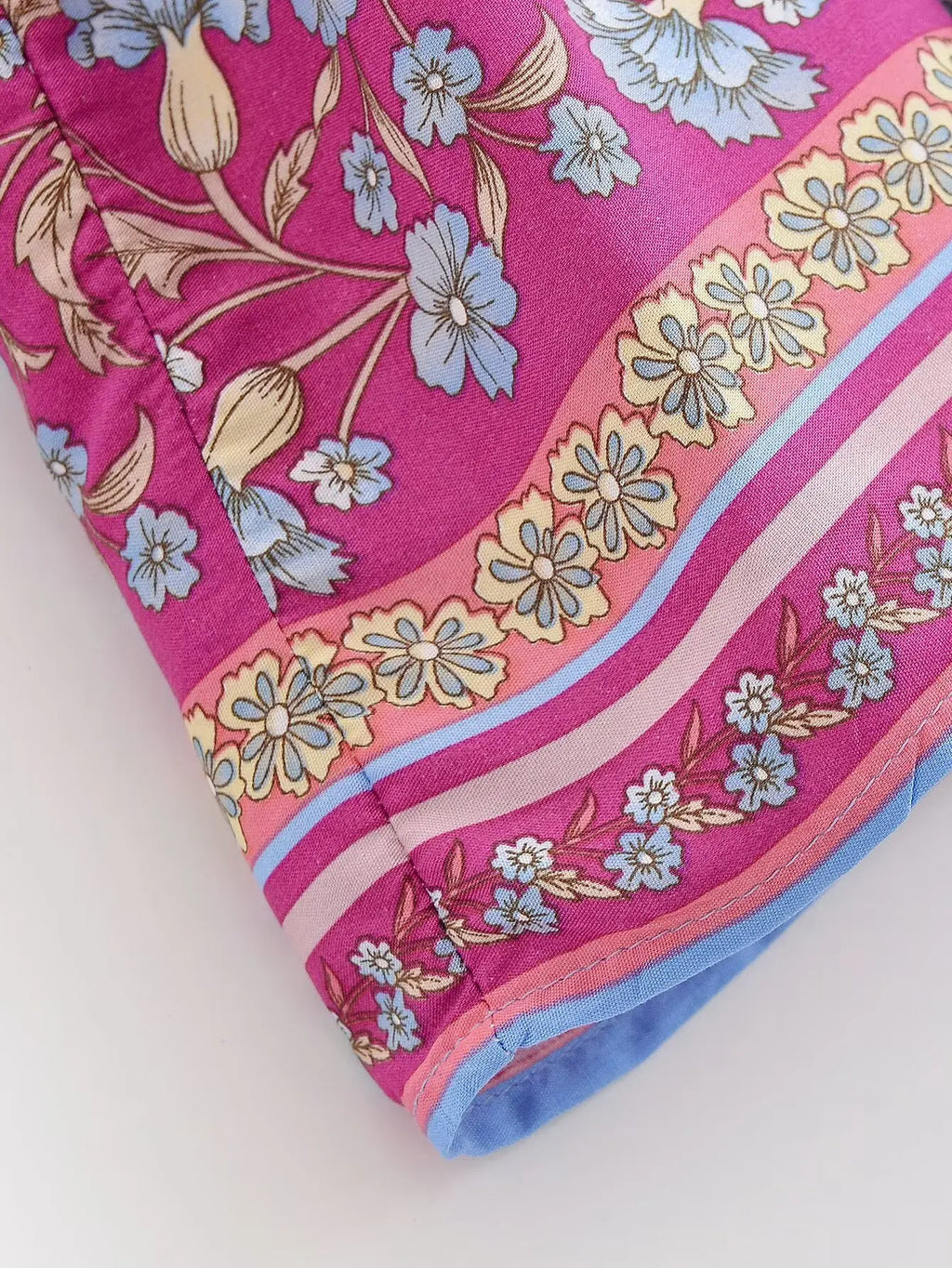 BOHO Women Light Blue Contrast Floral Print Kimono Shirt