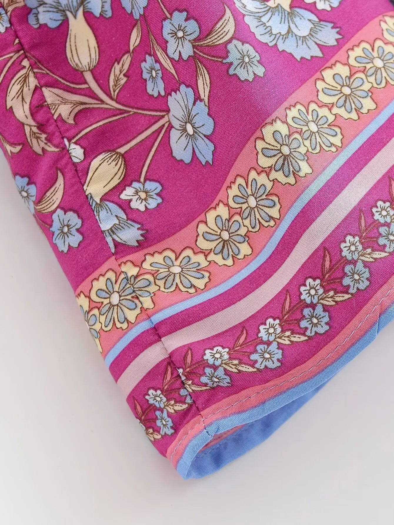 BOHO Women Light Blue Contrast Floral Print Kimono Shirt