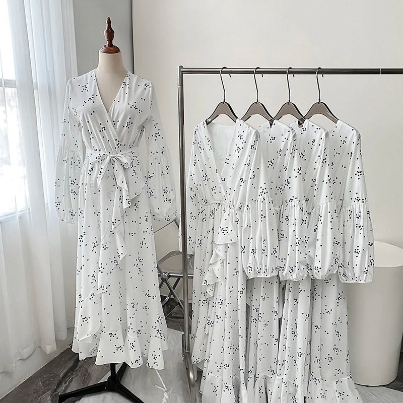 Boho White Polka Dot Long Sleeve Dresses