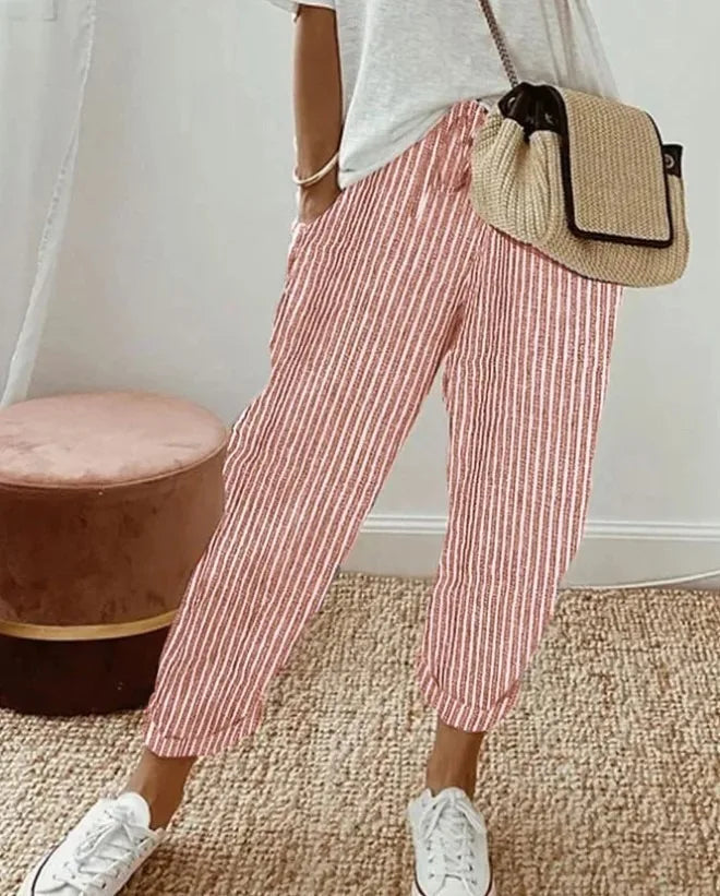 Women's Casual Striped Cotton Linen Pants Elastic Waist
