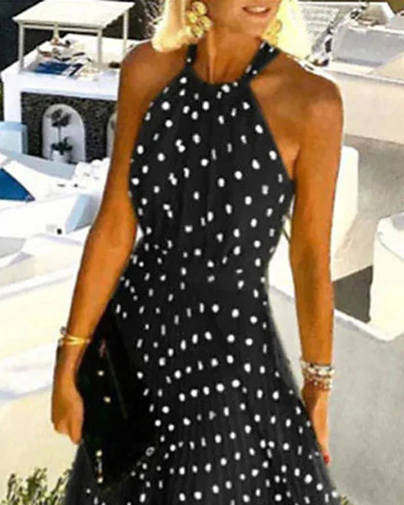 Women Boho Polka Dot Print Chiffon Pleated Maxi Dress