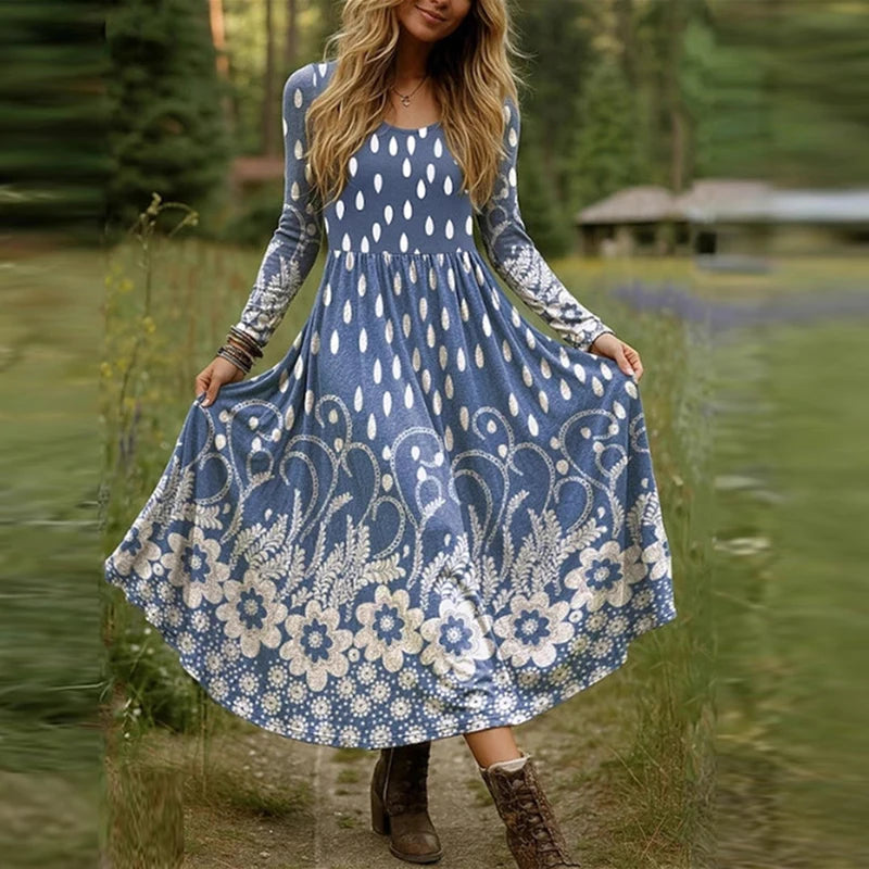Plus Size Women Dress Boho O Neck Long Sleeve A-line Party Dresses