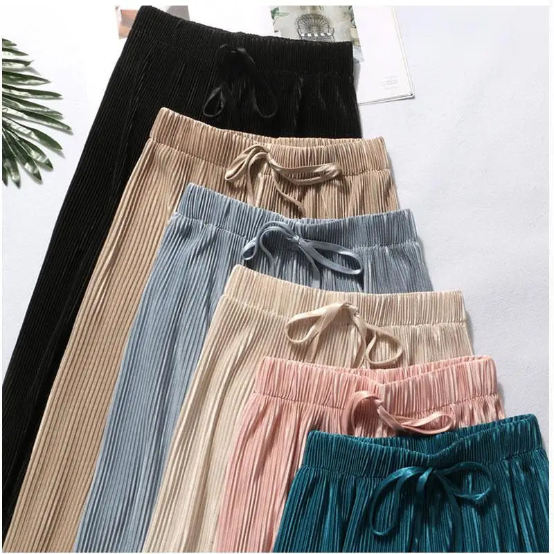 Women Fashion Summer Wide Leg Pants Pleated Ice Silk