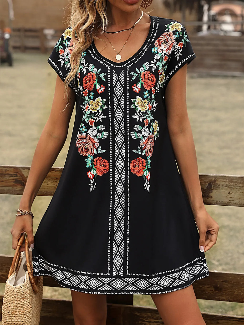 Black Boho Floral Print Dress