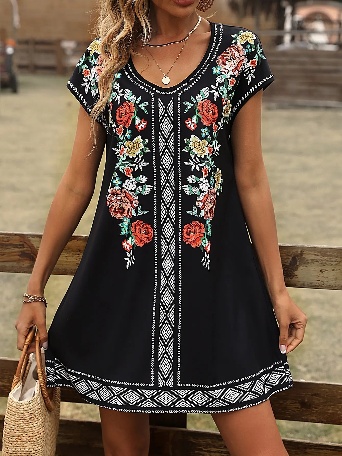 Black Boho Floral Print Dress