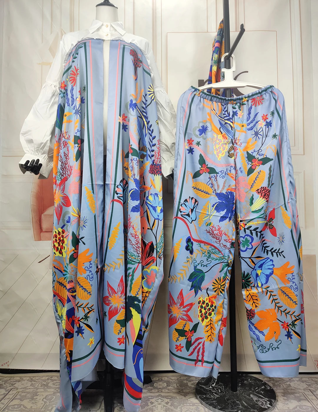 Boho Printed Women Silk Printed Two Pieces Set Plus Size