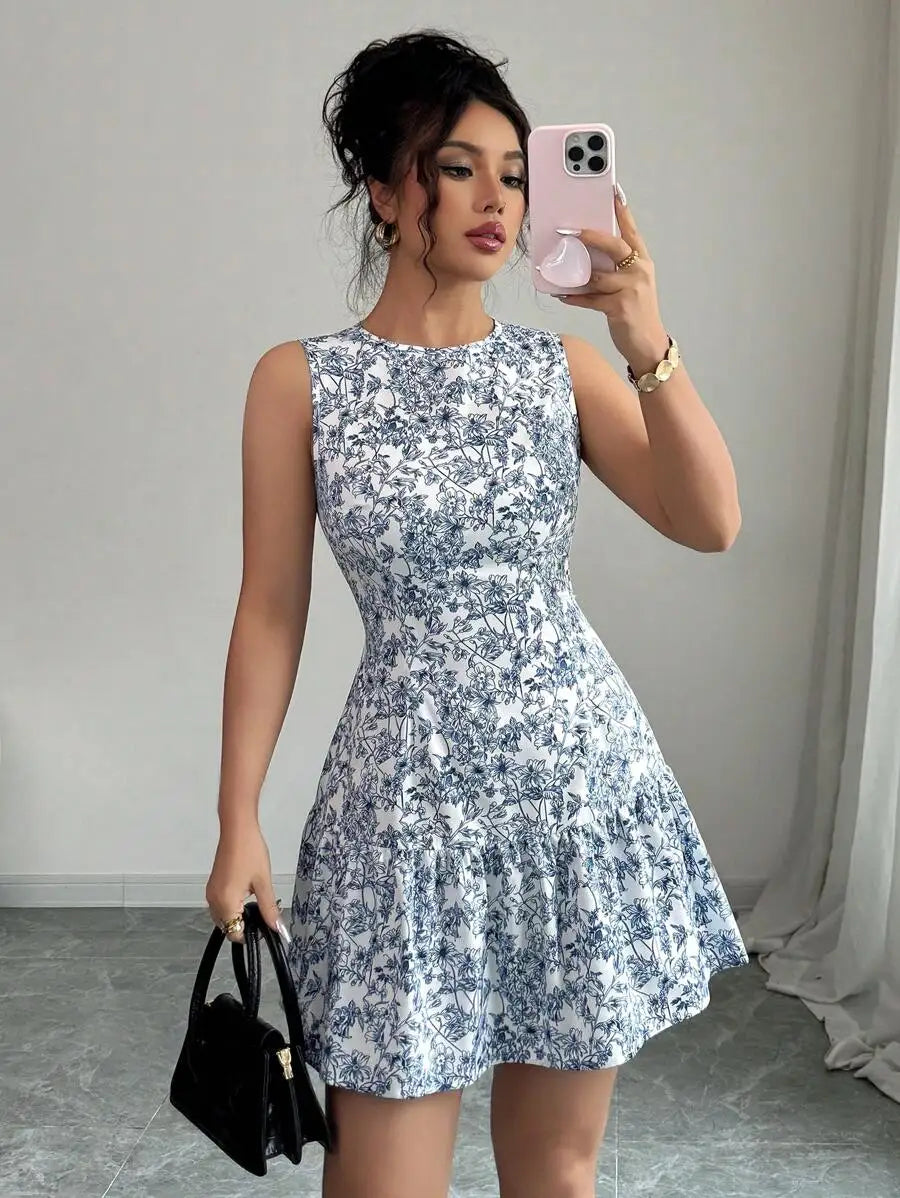 Spring/Summer Boho And French-Style Blue And White Floral Dress