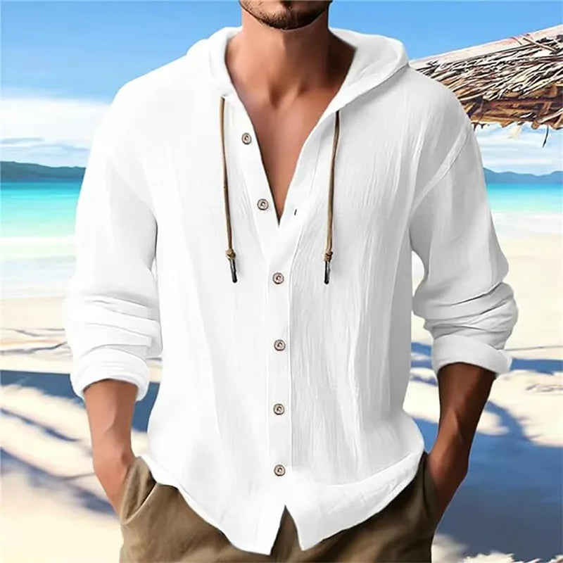 Men's solid color casual shirt, hooded drawstring