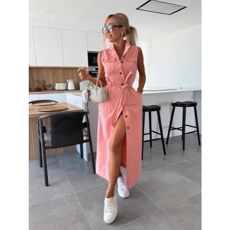 Casual Sleeveless Denim Maxi Shirt