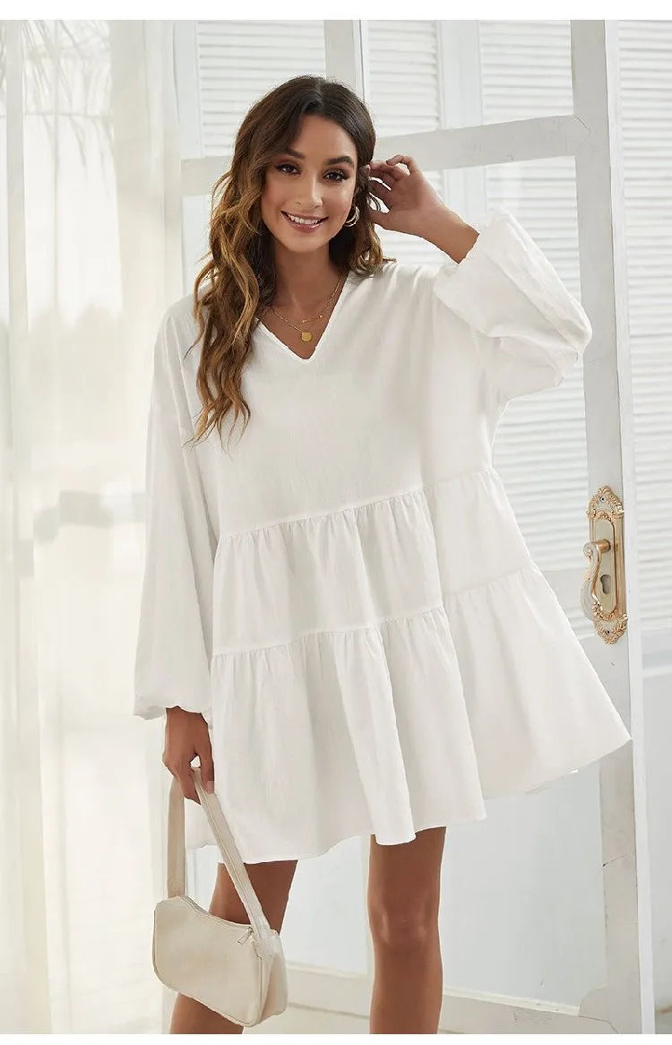 Women's Loose V-Neck Casual Long Sleeve Dress