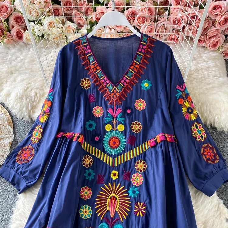 Vintage Women Floral Embroidery Beach Dress