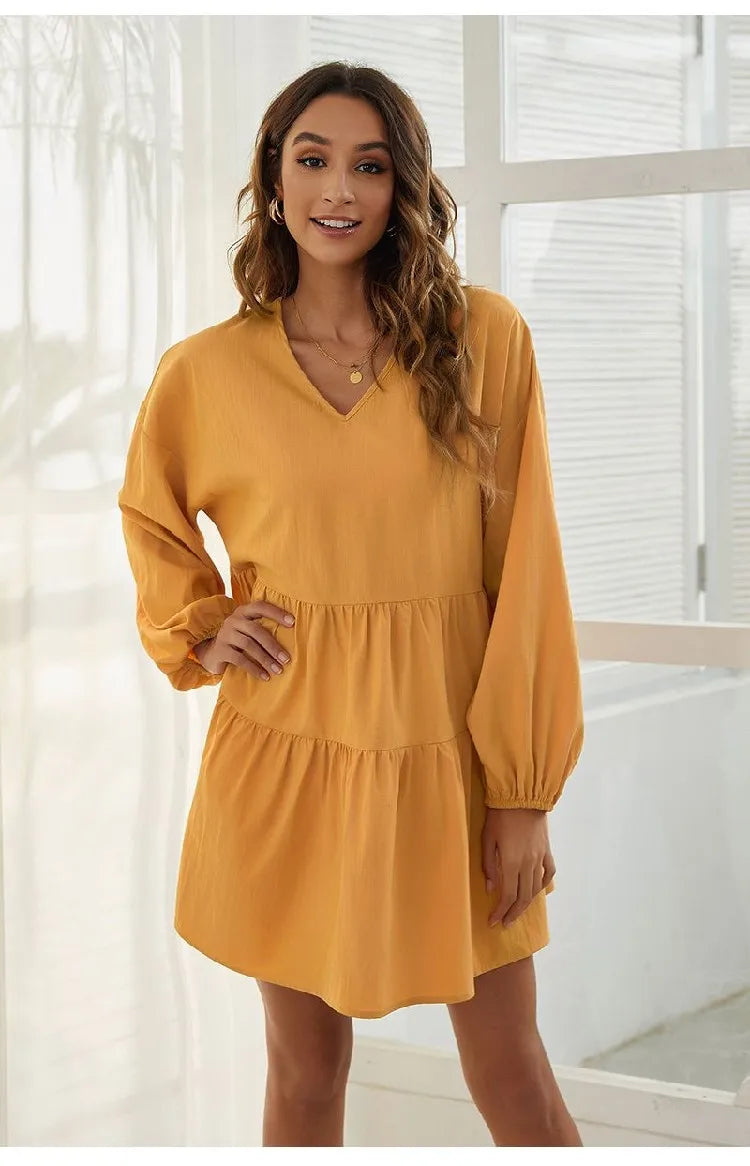 Women's Loose V-Neck Casual Long Sleeve Dress