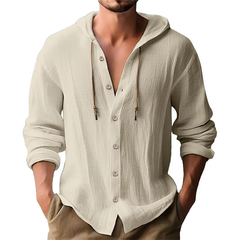Men's solid color casual shirt, hooded drawstring