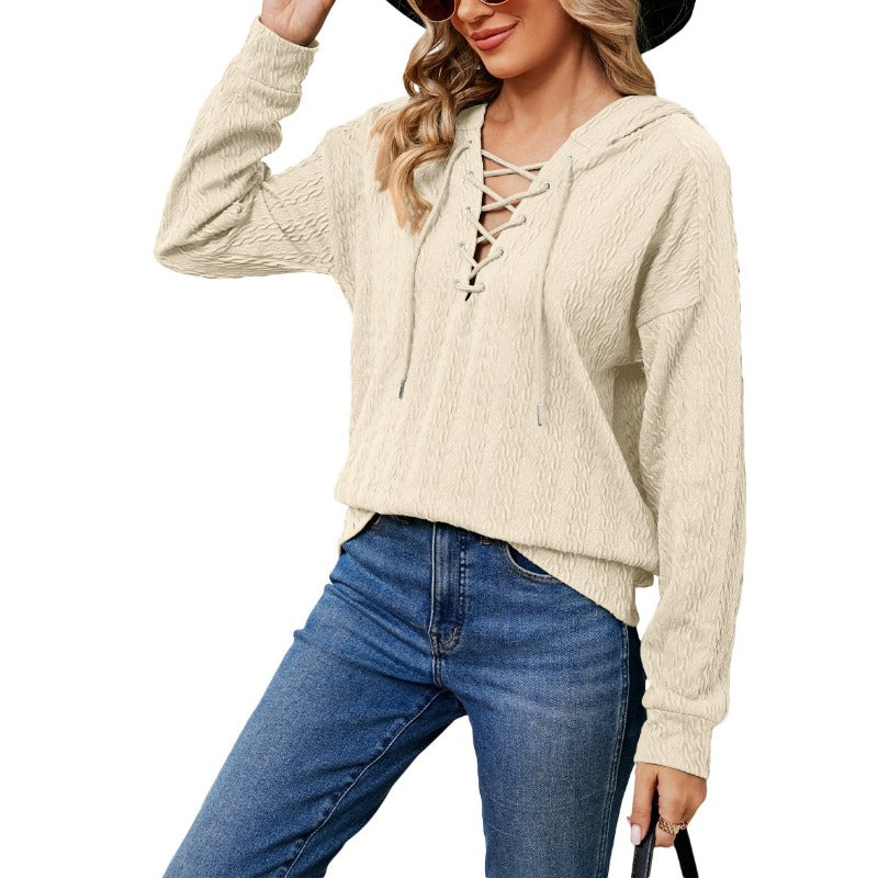 Autumn and Winter Women's Pullover Hooded Long Sleeve Solid Lace Up