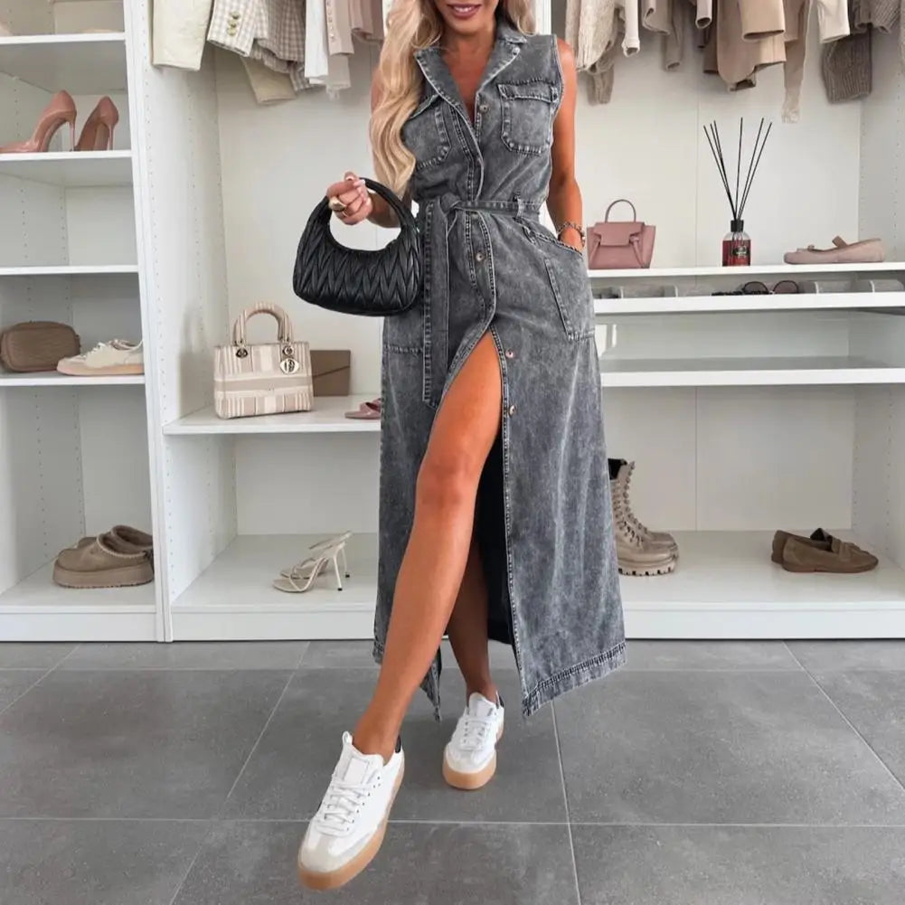 Women Sleeveless Long Belted Waist Cinching Single Button Denim Dress