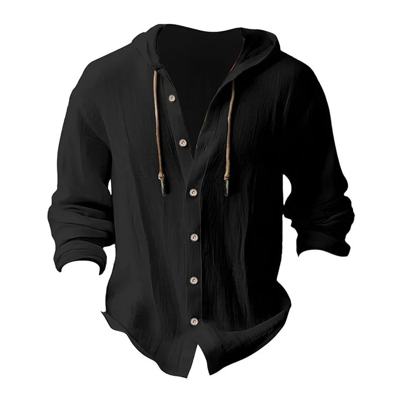 Men's solid color casual shirt, hooded drawstring