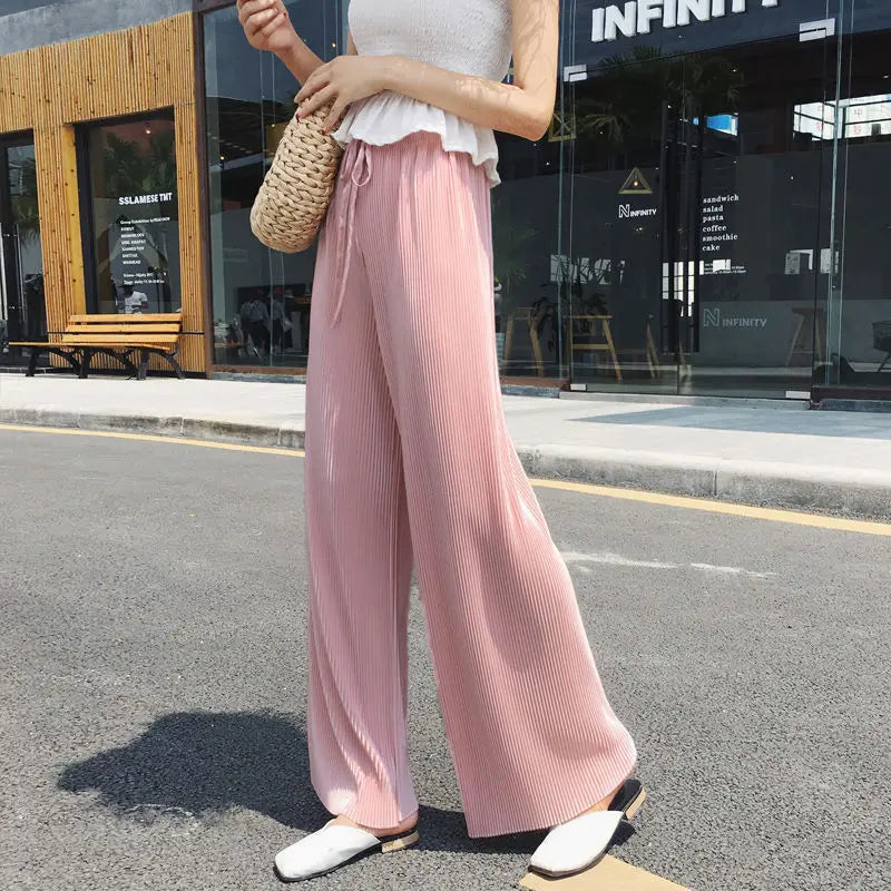 Women Fashion Summer Wide Leg Pants Pleated Ice Silk