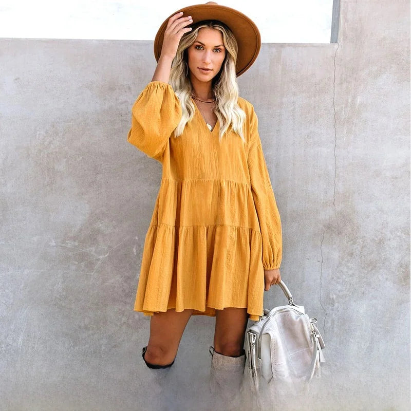 Women's Loose V-Neck Casual Long Sleeve Dress