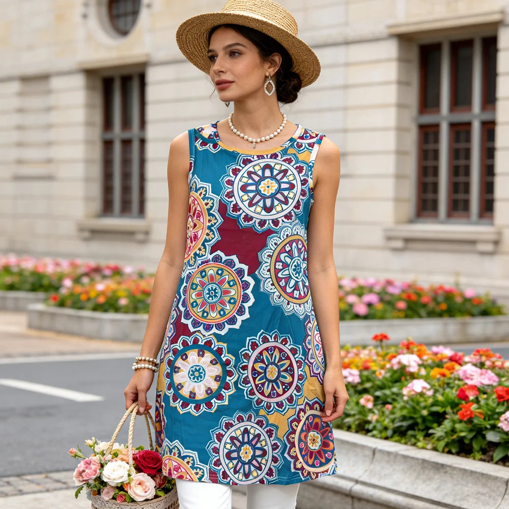 Women's Summer Boho Dress, Vintage Colorful Print