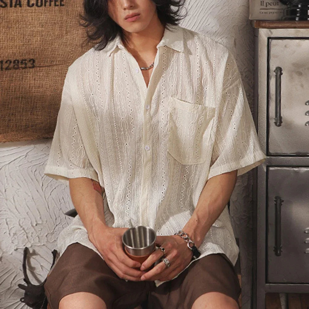 Men Casual Loose Hollow Out Short Sleeve Shirt