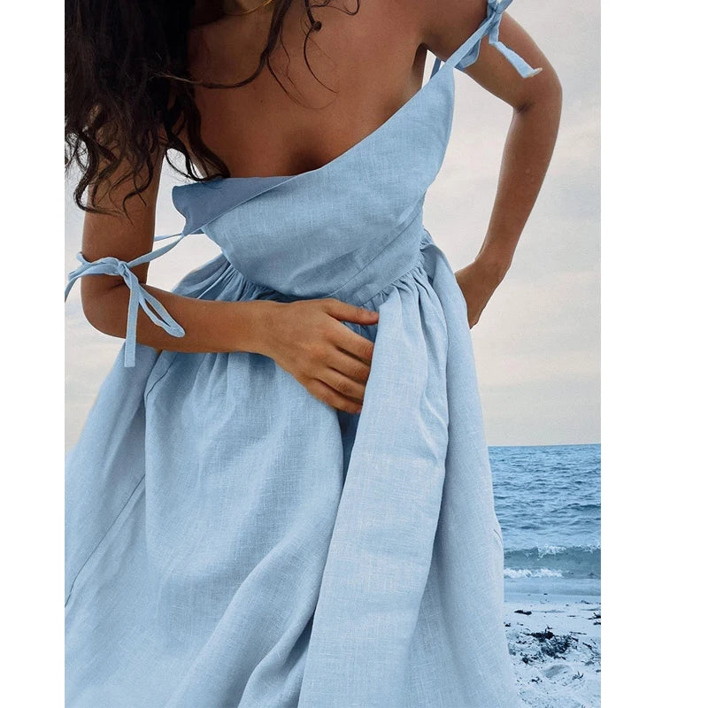 Women Summer Boho Long Dress Sleeveless Backless Spaghetti Strap Maxi Dress