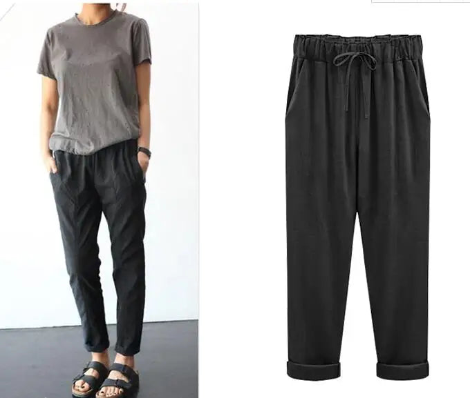 Cotton Linen Pants, Elastic Mid Waist Ankle, Female Slacks Size M-5XL 6XL 7XL 8XL