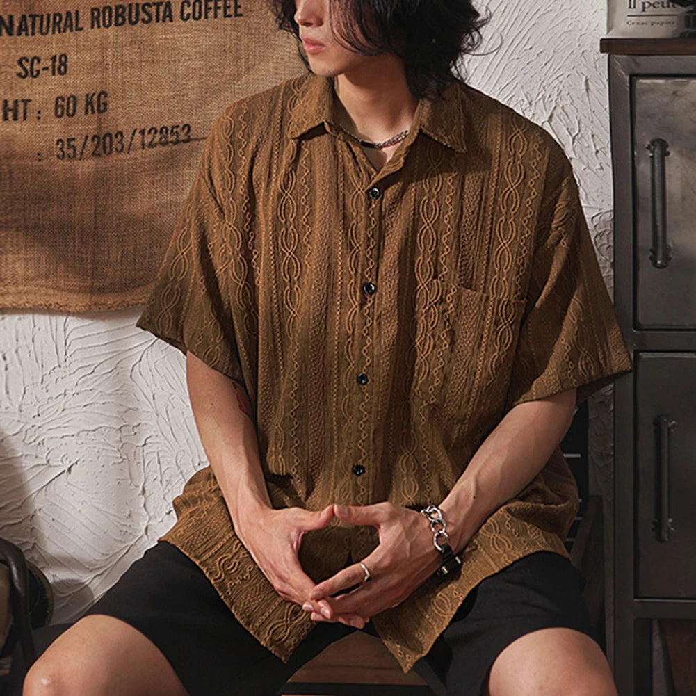 Men Casual Loose Hollow Out Short Sleeve Shirt