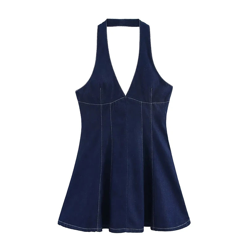 New Fashion Women Sexy Backless Denim Halter Mini Dress