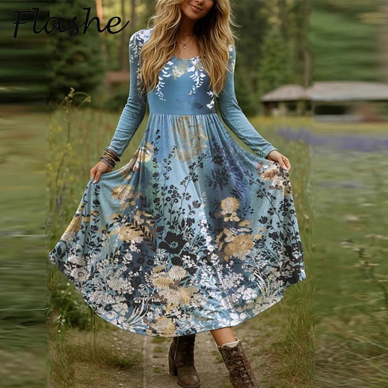 Plus Size Women Dress Boho O Neck Long Sleeve A-line Party Dresses