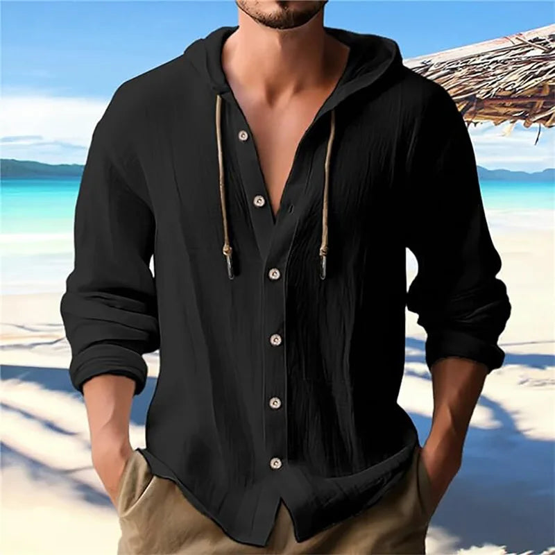 Men's solid color casual shirt, hooded drawstring