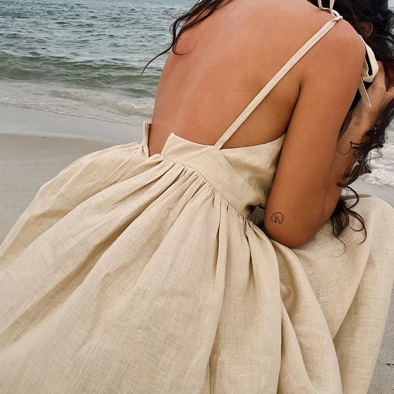 Women Summer Boho Long Dress Sleeveless Backless Spaghetti Strap Maxi Dress