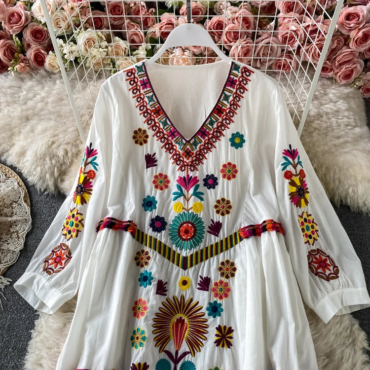 Vintage Women Floral Embroidery Beach Dress