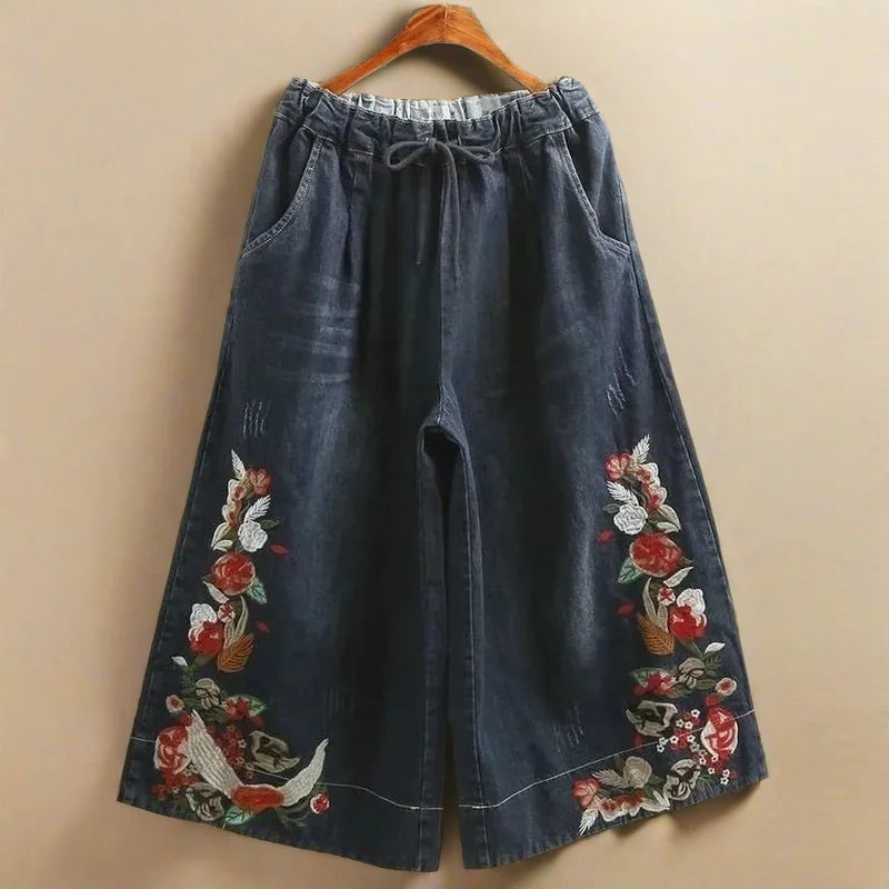 Indie Folk Embroidery Denim Vintage Elastic High Waist