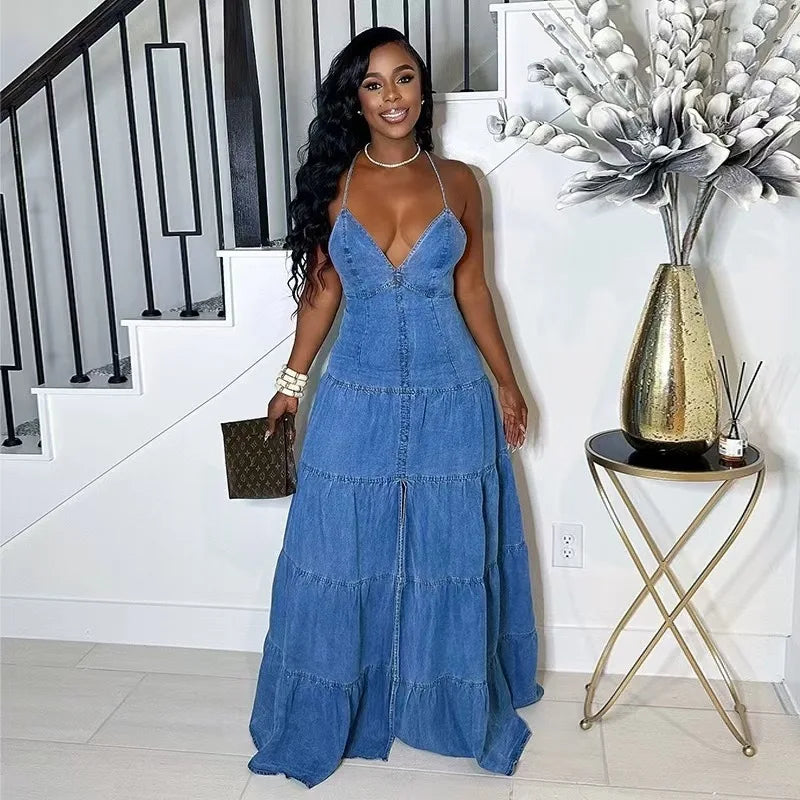 Long Dress Women Denim Dress Sling